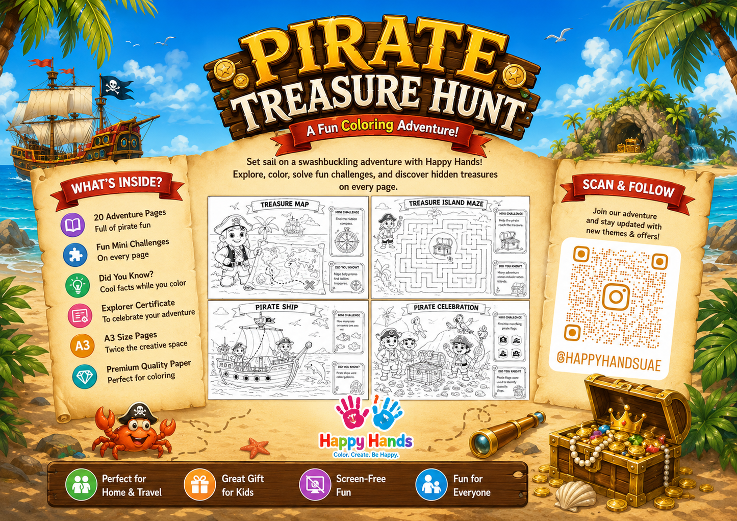 Pirate Treasure Hunt Adventure Pack back cover showing product features and Happy Hands information