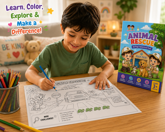 Child enjoying the Animal Rescue Adventure Pack on a giant A3 colouring page