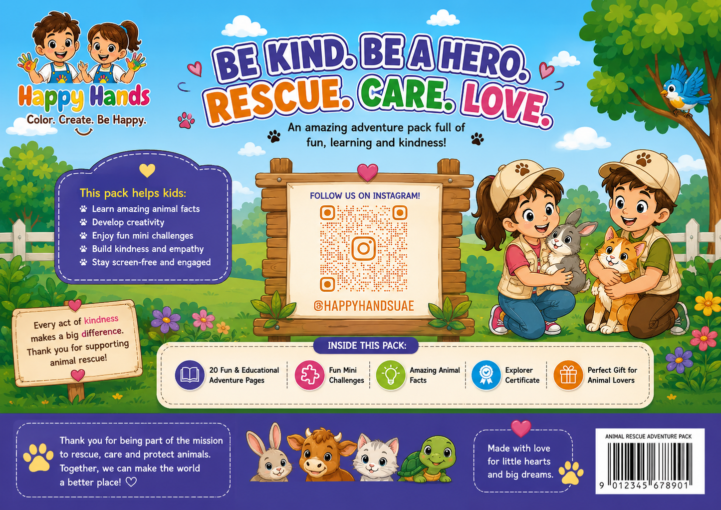 Animal Rescue Adventure Pack back cover showing product features and Happy Hands information