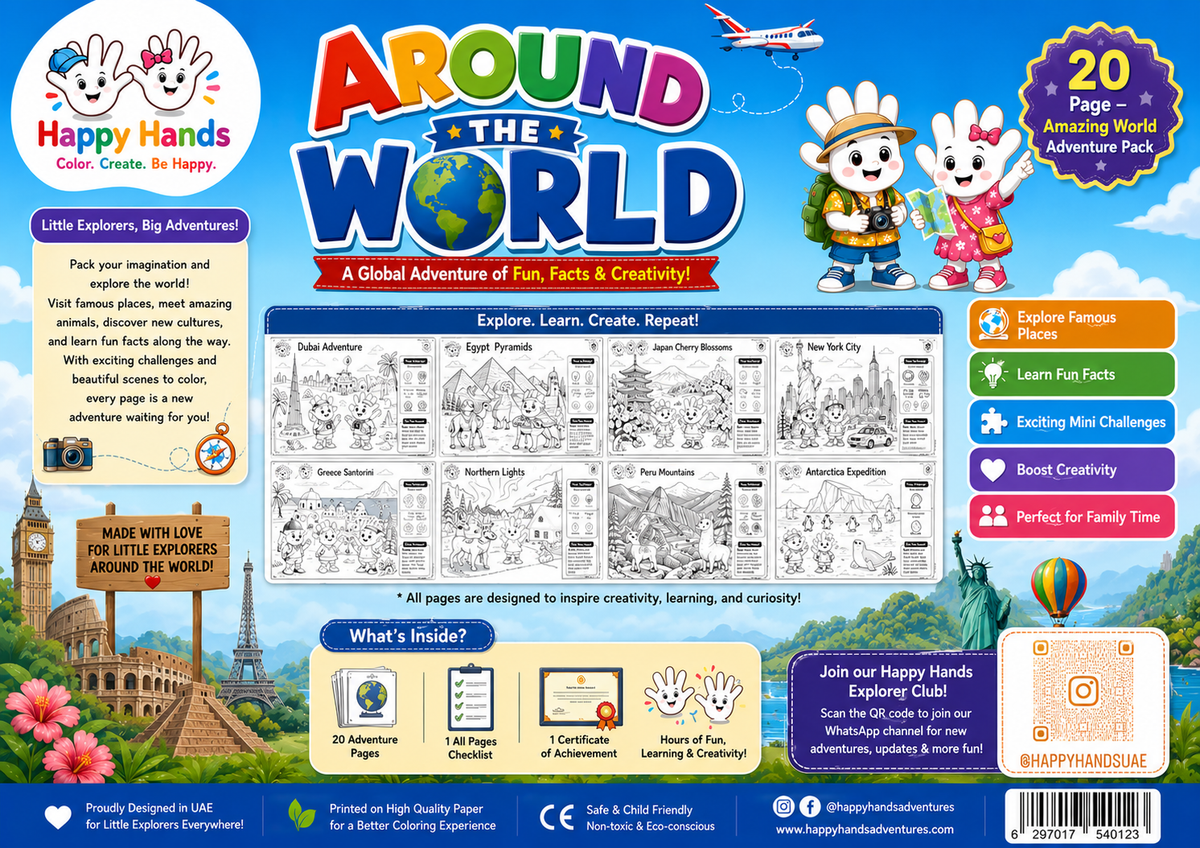Around the World Adventure Pack back cover showing product features and Happy Hands information