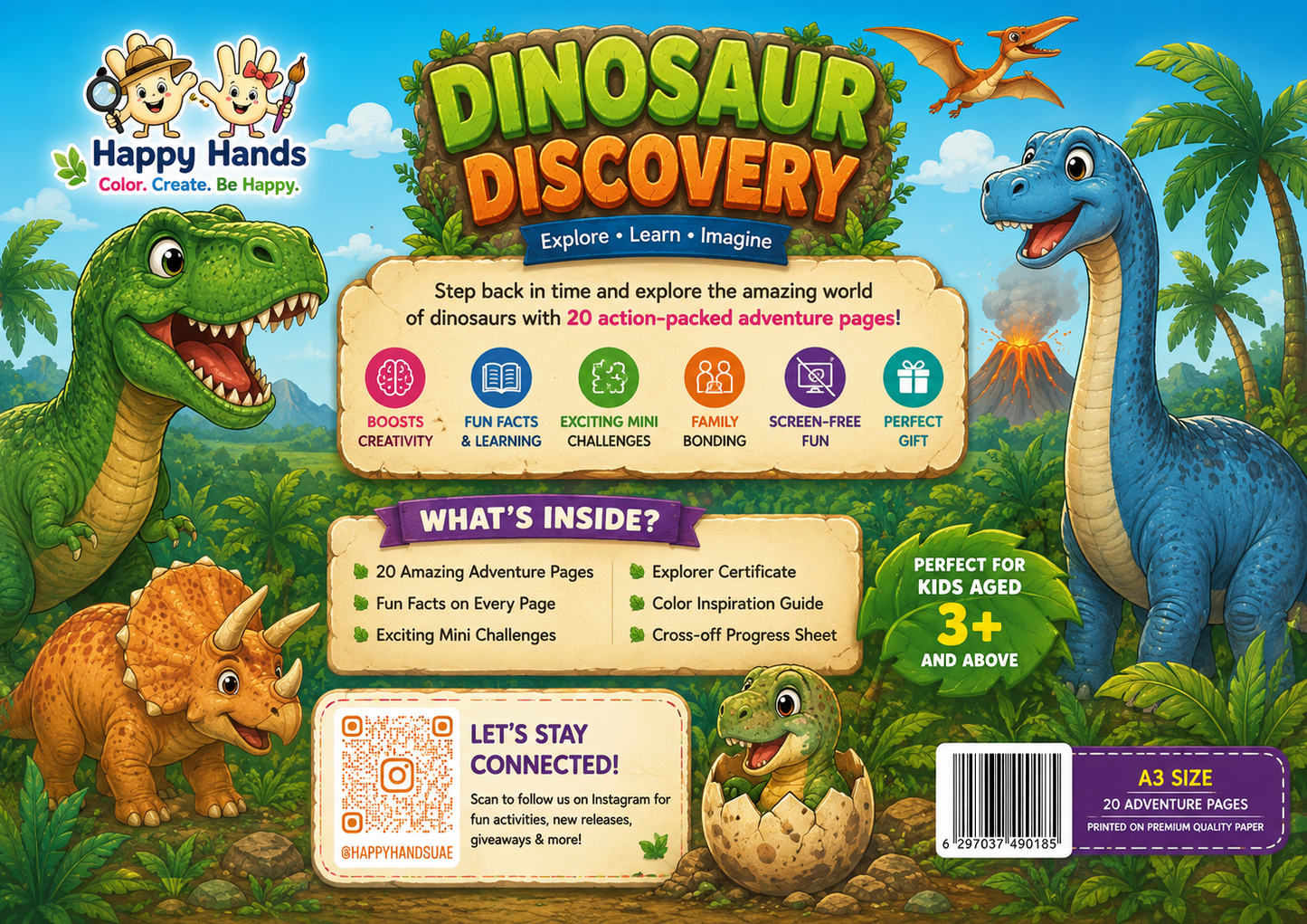 Dinosaur Discovery Adventure Pack back cover showing product features and Happy Hands information