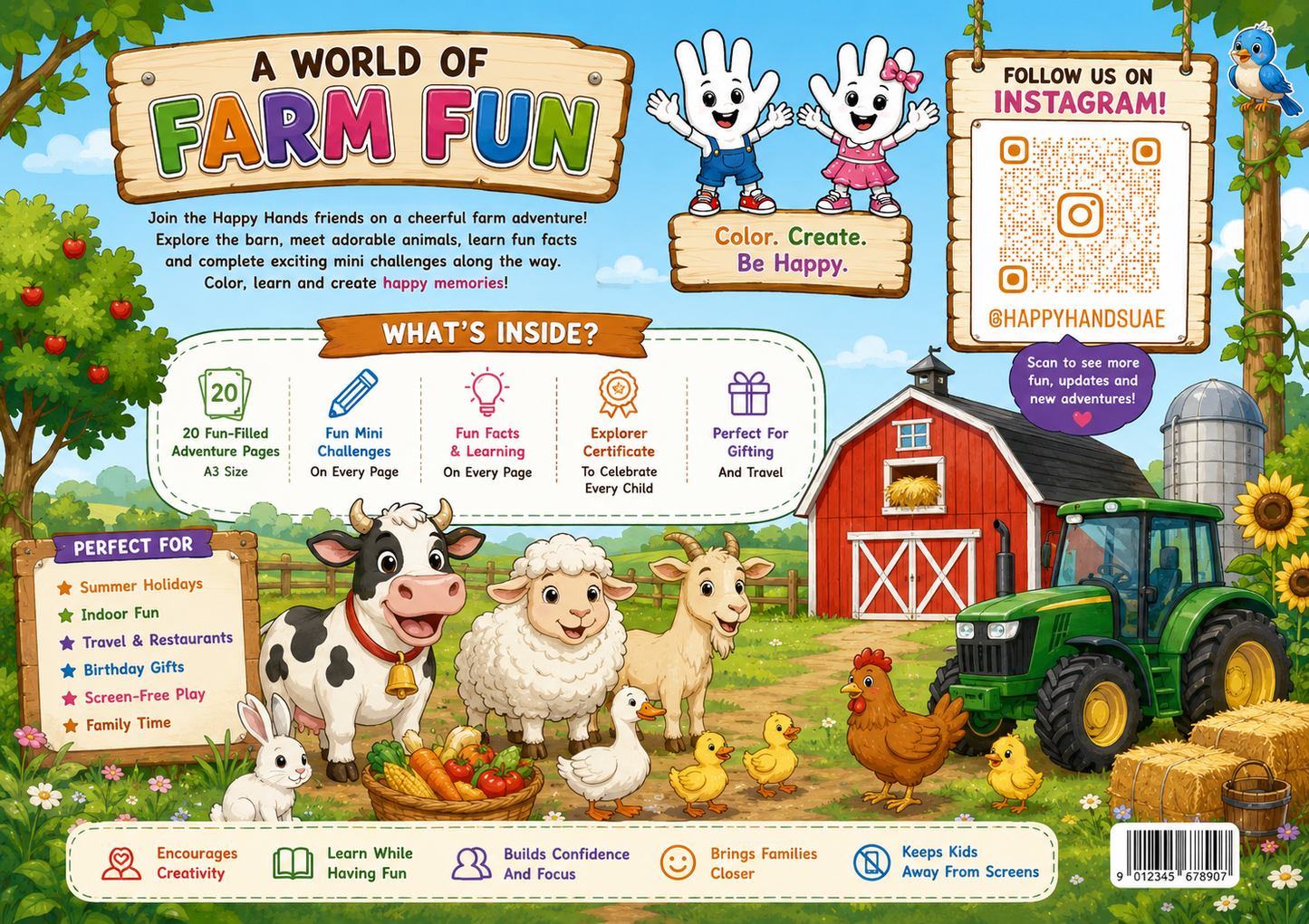 Farm Fun Adventure Pack back cover showing product features and Happy Hands information