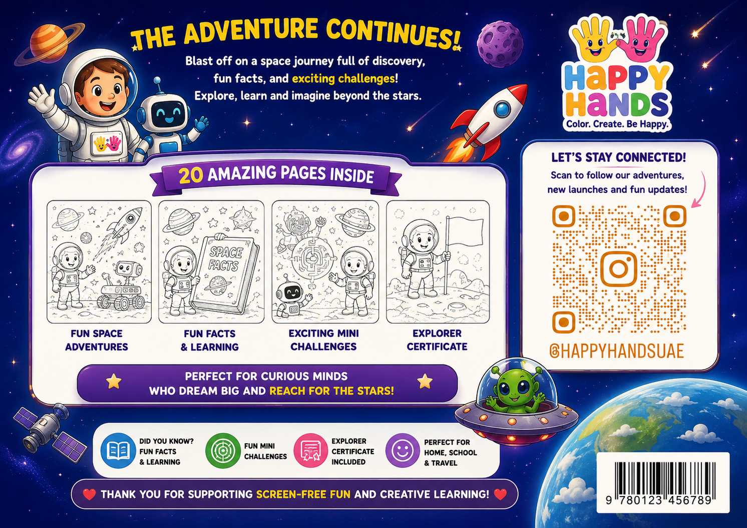 Journey Through Space Adventure Pack back cover showing product features and Happy Hands information