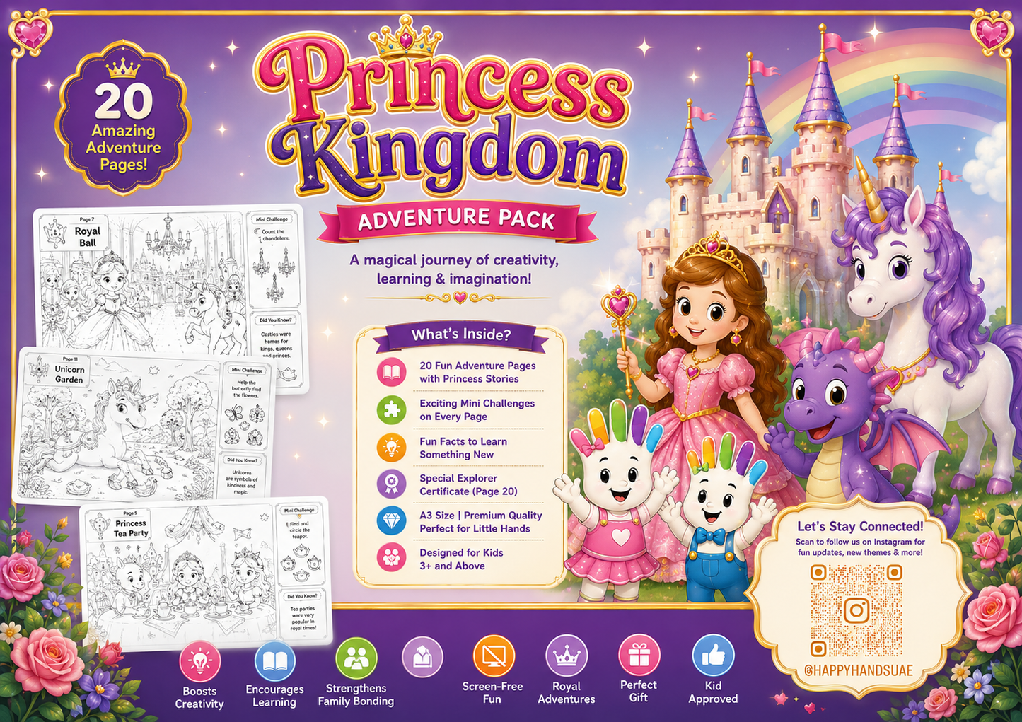 Princess Kingdom Adventure Pack back cover showing product features and Happy Hands information
