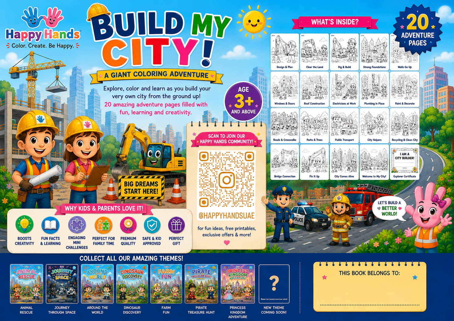Build My City Adventure Pack back cover showing product features and Happy Hands information