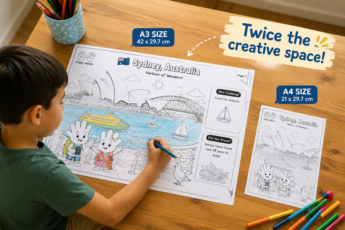 Comparison of giant A3 colouring page beside a standard A4 sheet