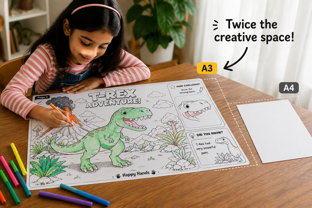 Comparison of giant A3 colouring page beside a standard A4 sheet