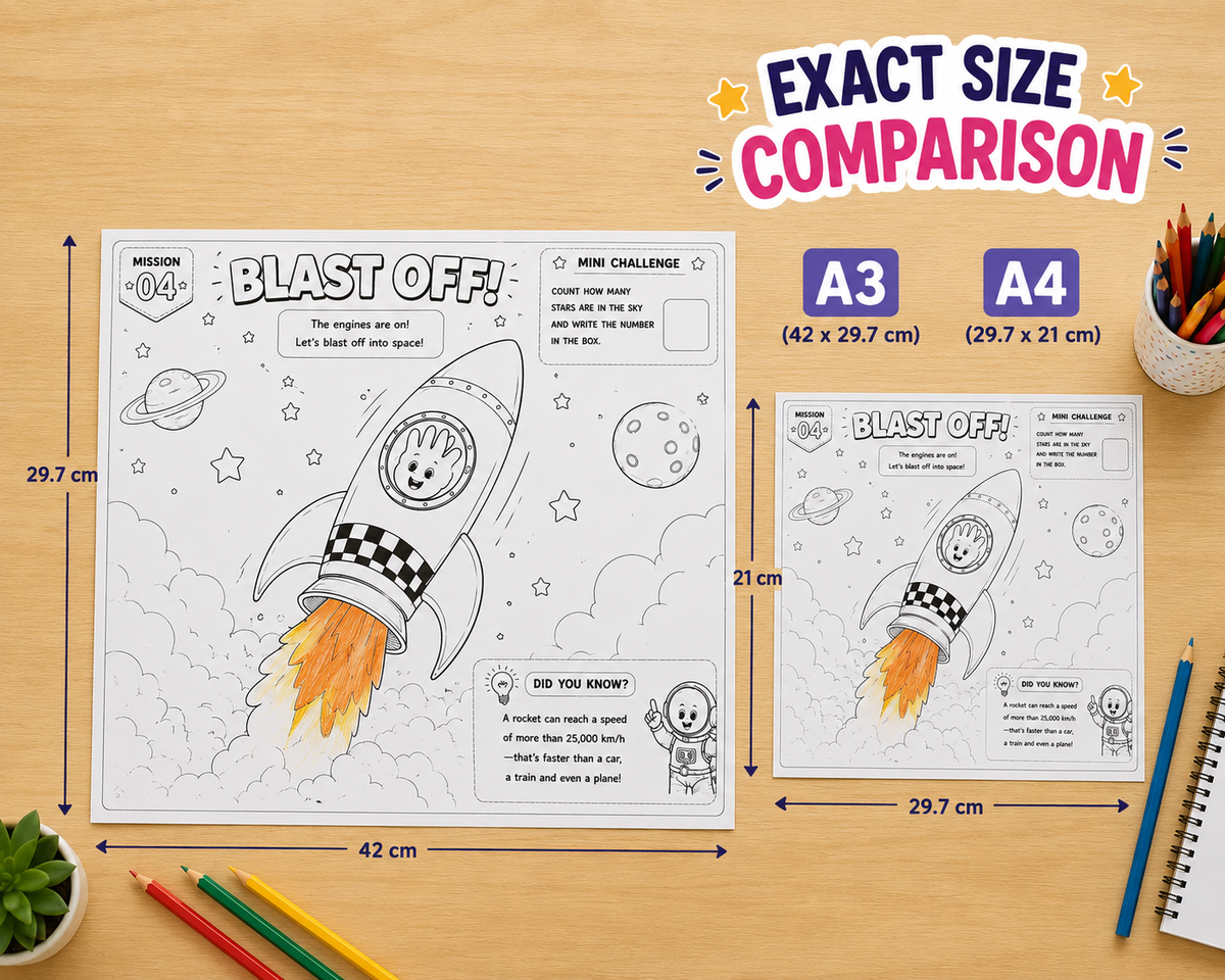 Comparison of giant A3 colouring page beside a standard A4 sheet