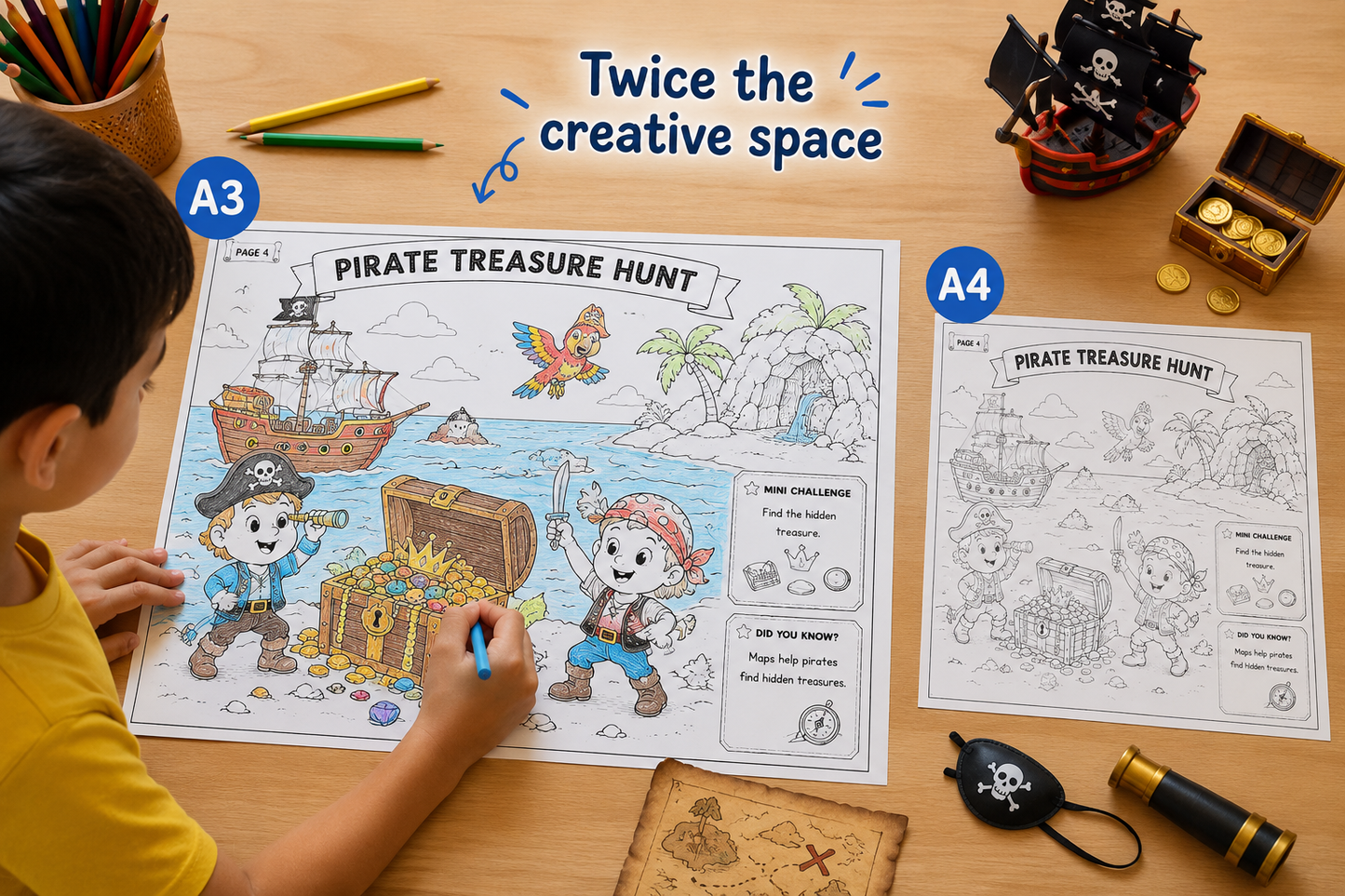 Comparison of giant A3 colouring page beside a standard A4 sheet