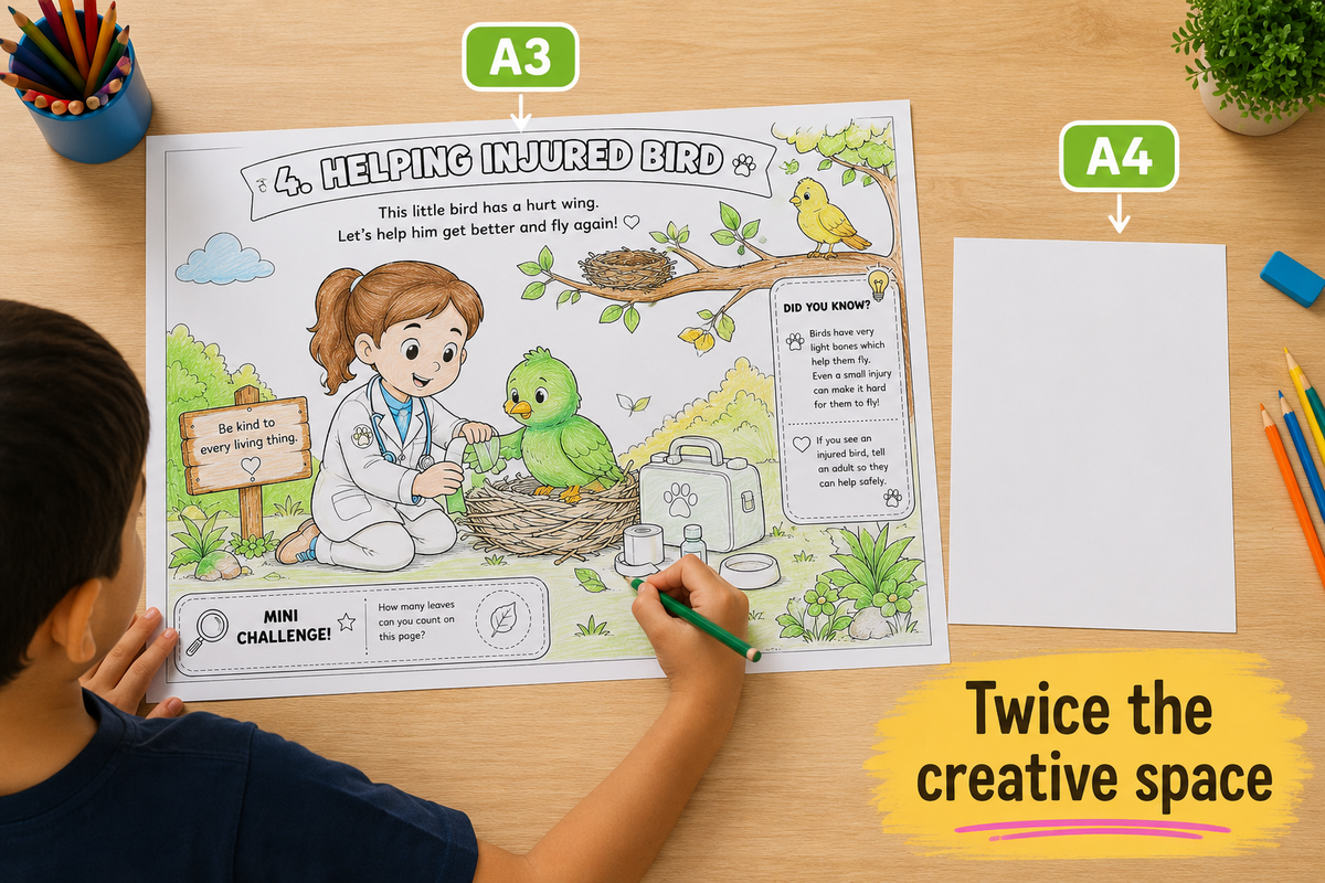 Comparison of giant A3 colouring page beside a standard A4 sheet