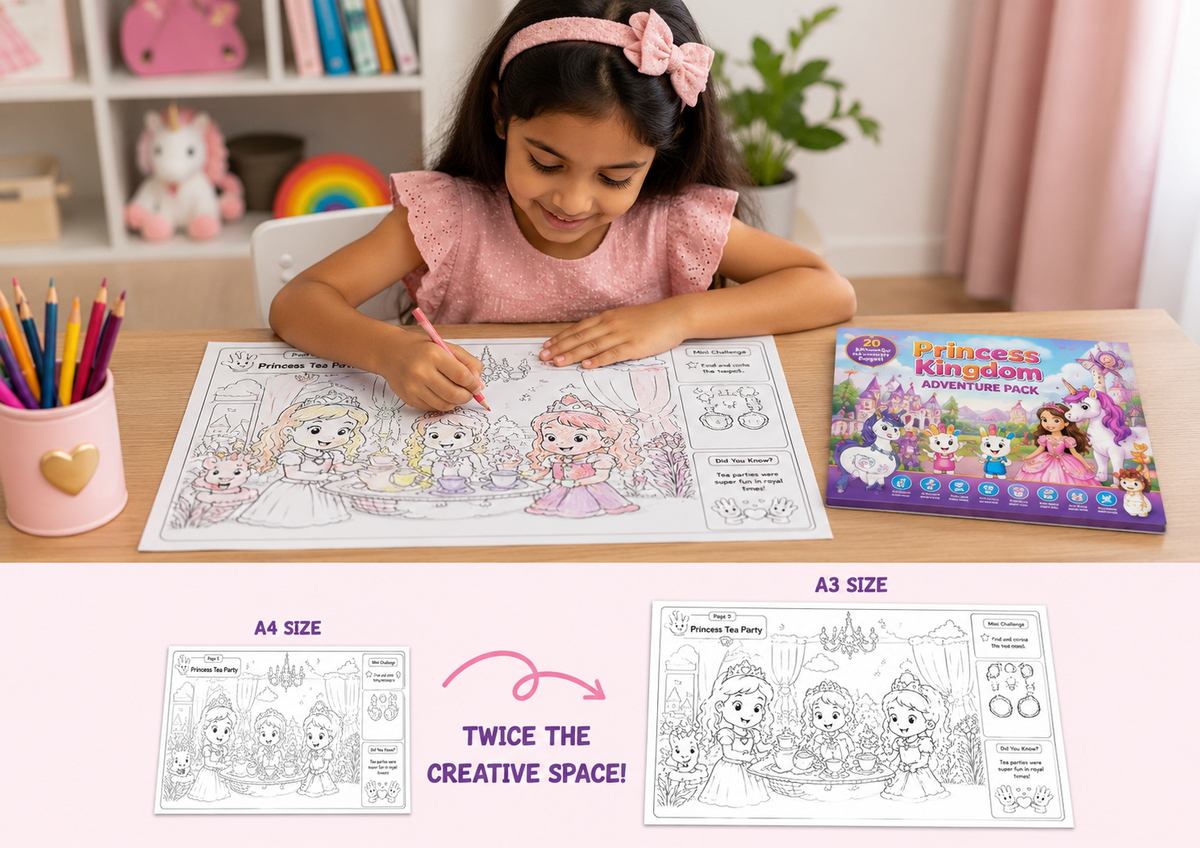 Comparison of giant A3 colouring page beside a standard A4 sheet