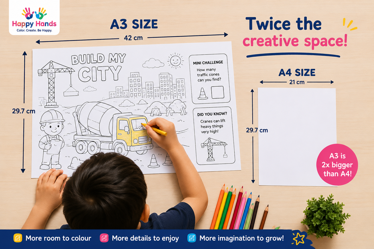 Comparison of giant A3 colouring page beside a standard A4 sheet