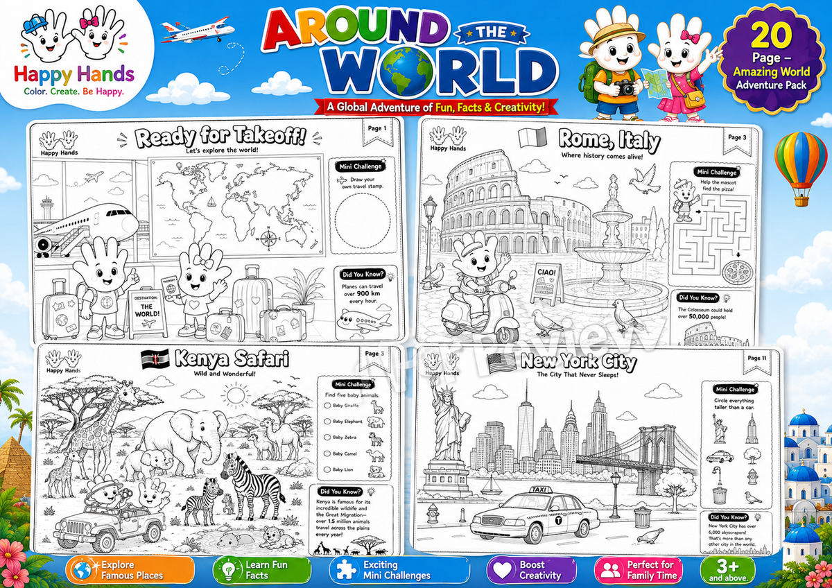 Preview of Around the World Adventure Pack colouring pages featuring famous landmarks, world cultures and travel adventures