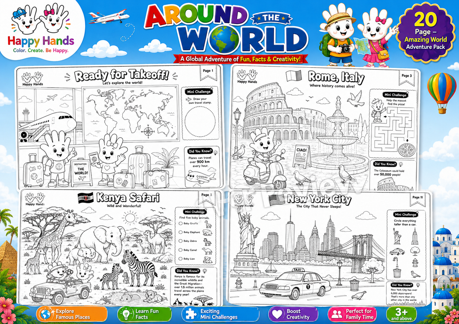 Preview of Around the World Adventure Pack colouring pages featuring famous landmarks, world cultures and travel adventures