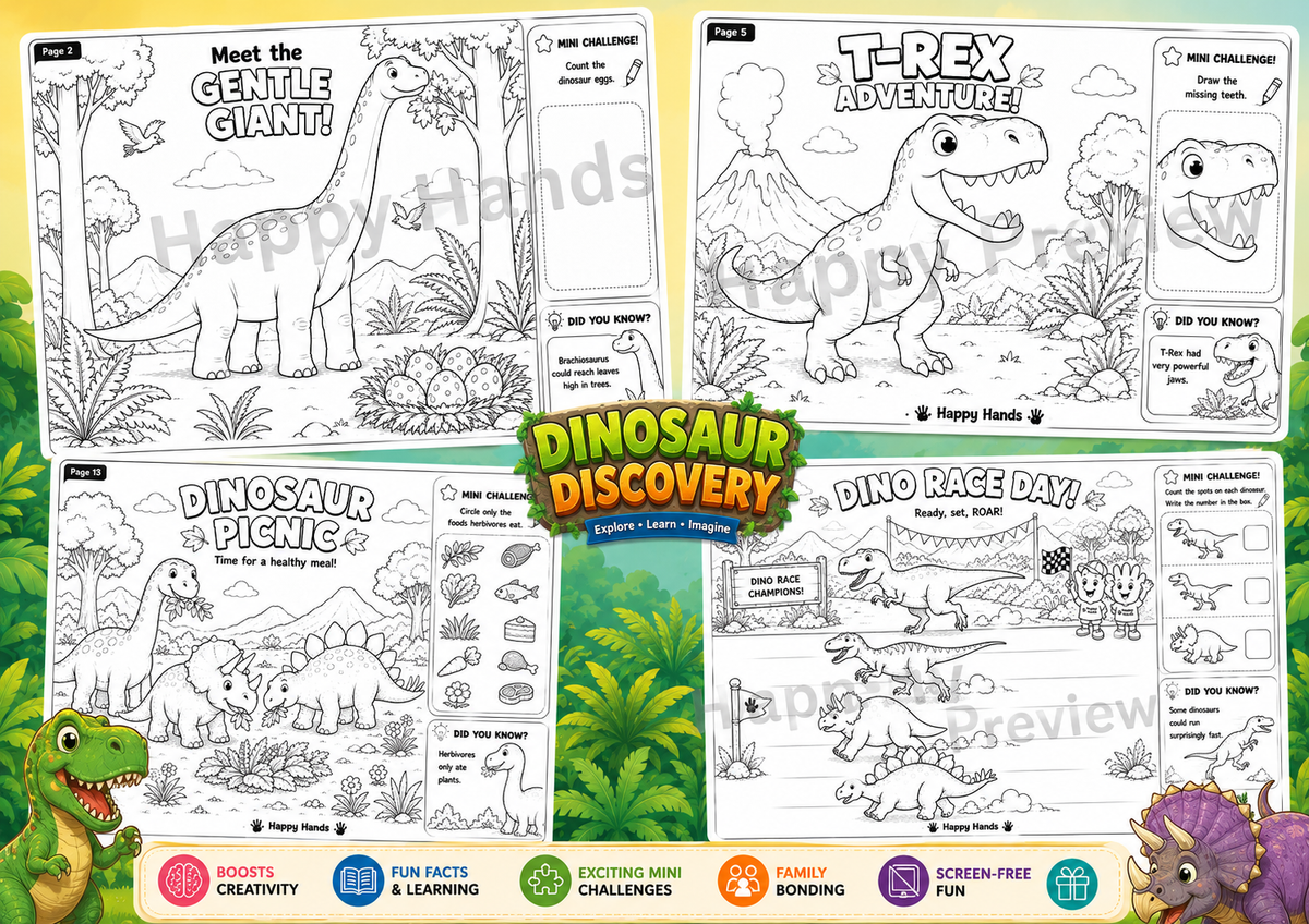 Preview of Dinosaur Discovery Adventure Pack colouring pages featuring dinosaurs, fossils and prehistoric adventures