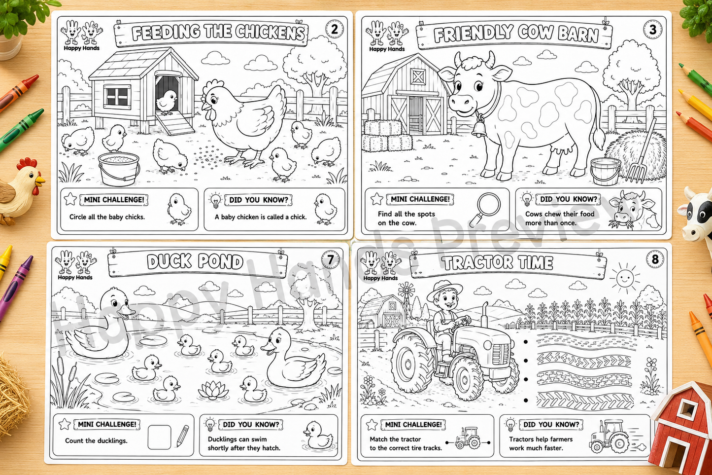Preview of Farm Fun Adventure Pack colouring pages featuring friendly farm animals, tractors and countryside adventures