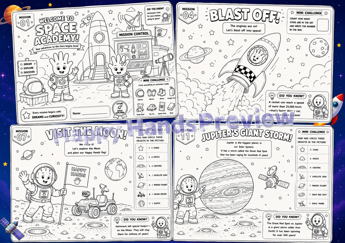 Preview of Journey Through Space Adventure Pack colouring pages featuring rockets, astronauts, planets and space exploration