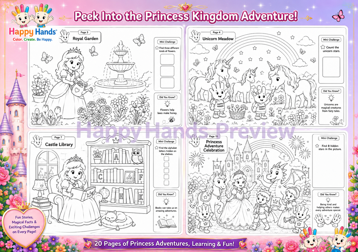 Preview of Princess Kingdom Adventure Pack colouring pages featuring castles, princesses, magical gardens and royal adventures