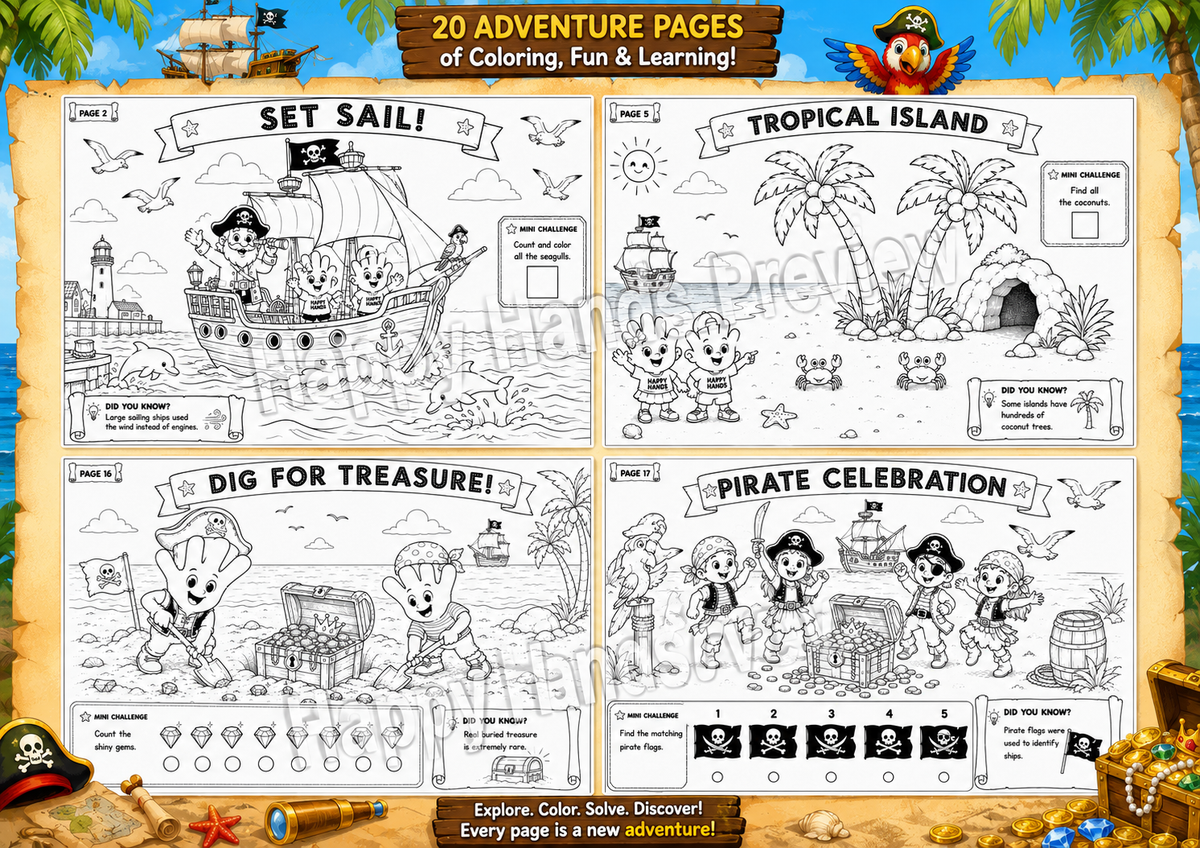 Preview of Pirate Treasure Hunt Adventure Pack colouring pages featuring pirate ships, treasure maps, islands and exciting pirate adventures
