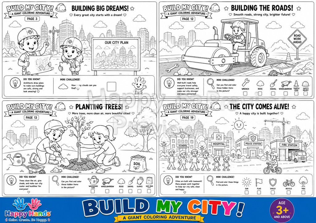 Preview of Build My City Adventure Pack colouring pages featuring construction vehicles, buildings and city scenes