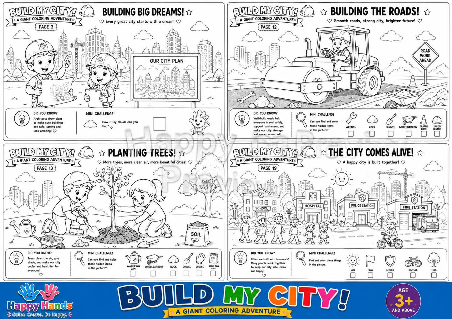 Preview of Build My City Adventure Pack colouring pages featuring construction vehicles, buildings and city scenes