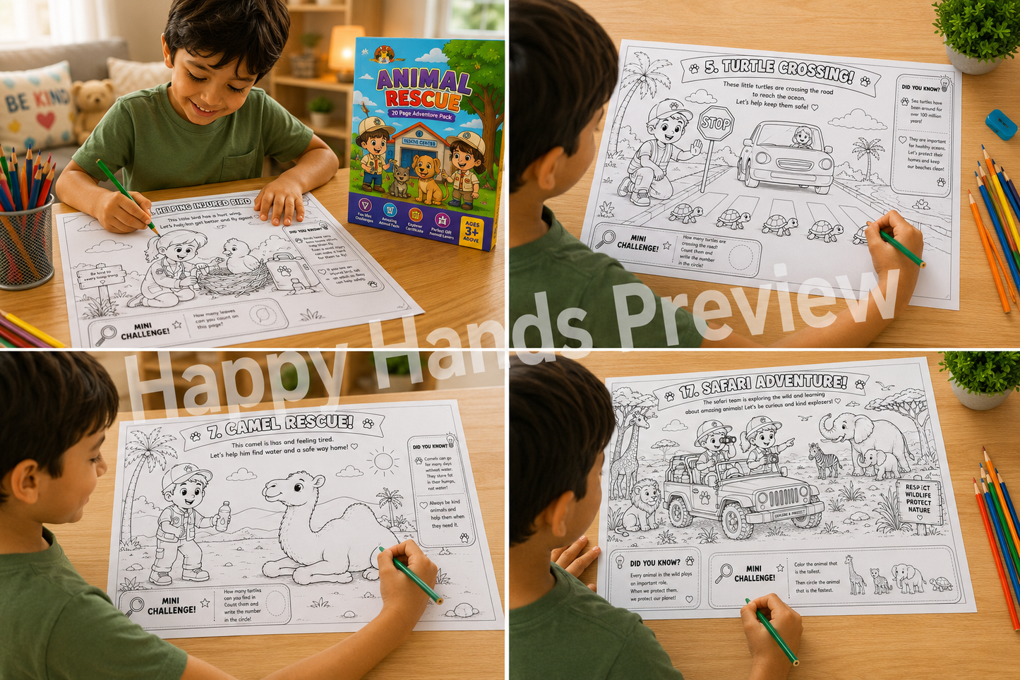 Preview of Animal Rescue Adventure Pack colouring pages featuring rescued animals, wildlife and caring adventures
