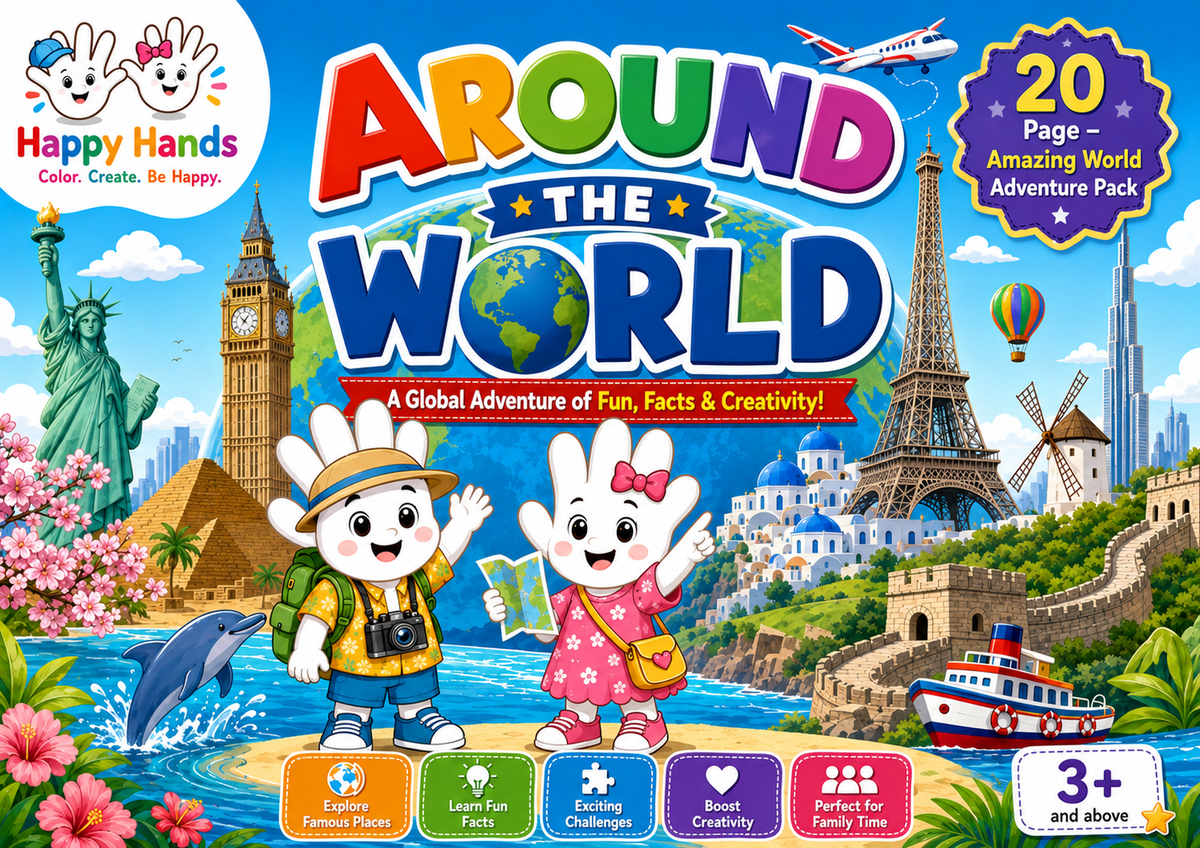 Around the World Adventure Pack front cover featuring giant A3 colouring activities for children aged 3+