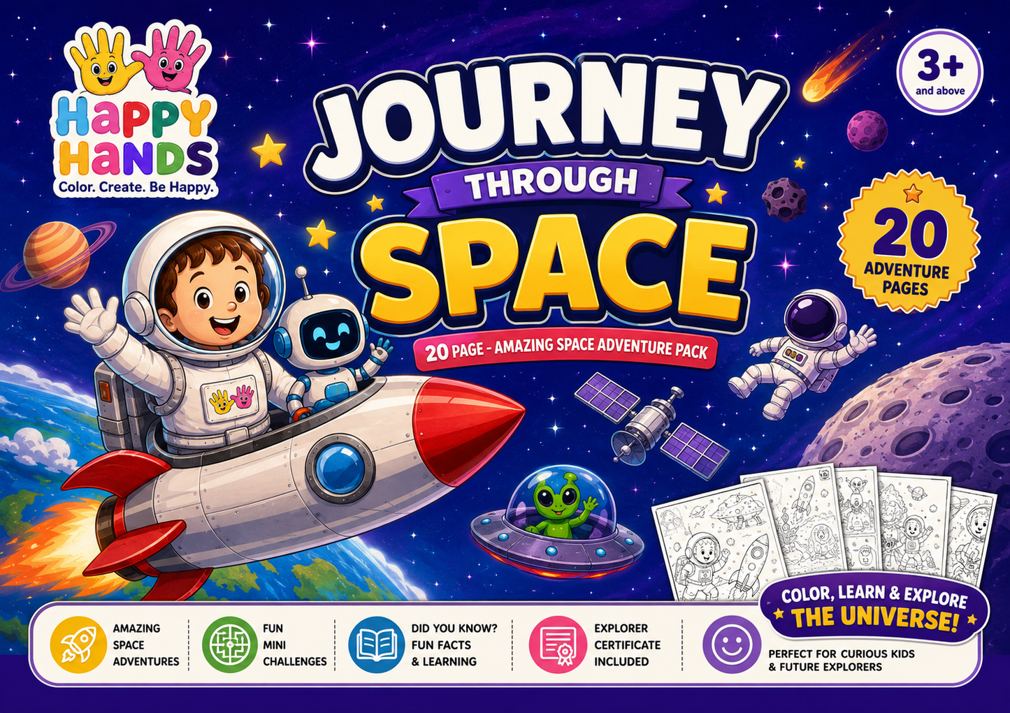 Journey Through Space Adventure Pack front cover featuring giant A3 colouring activities for children aged 3+
