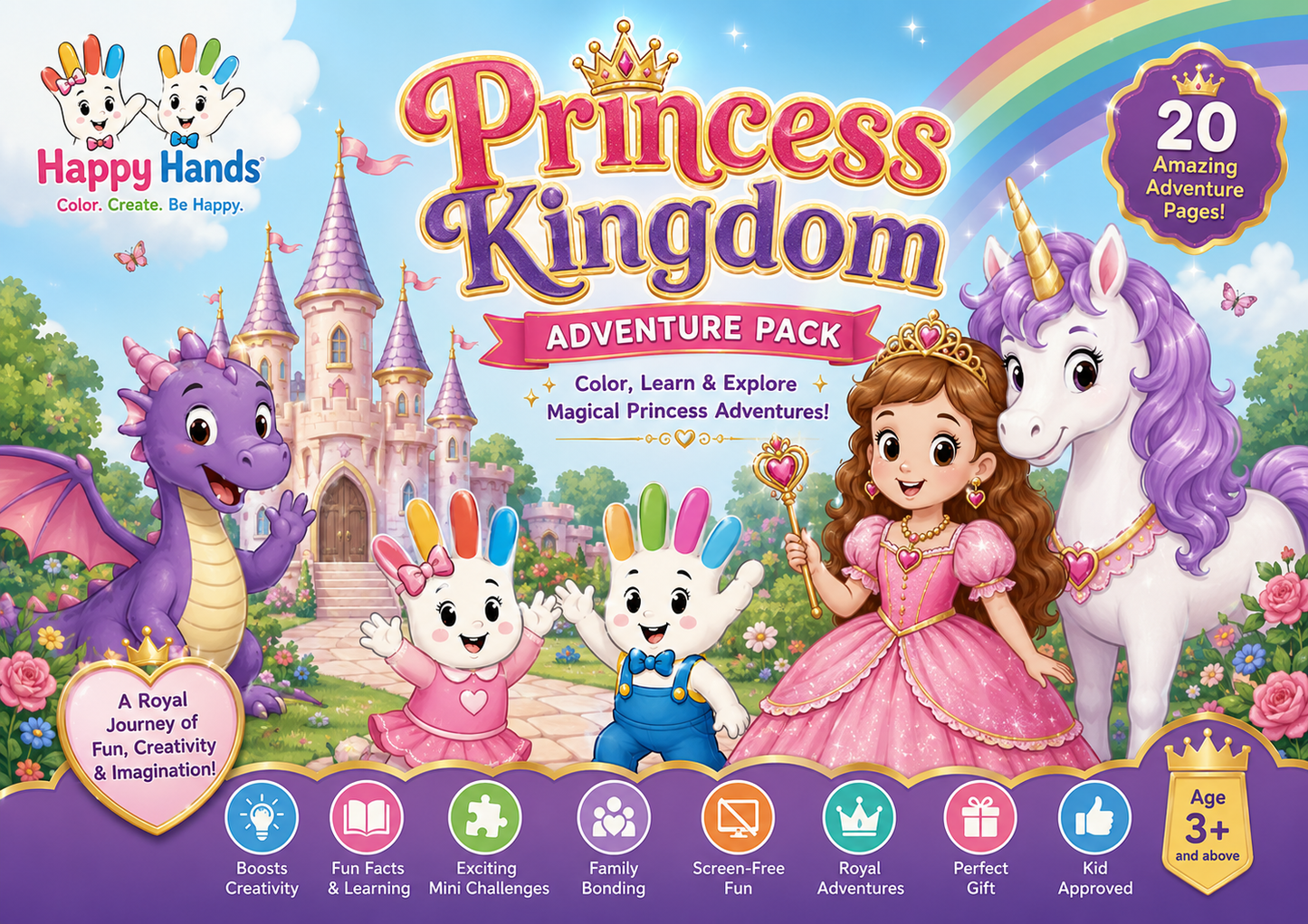 Princess Kingdom Adventure Pack front cover featuring giant A3 colouring activities for children aged 3+