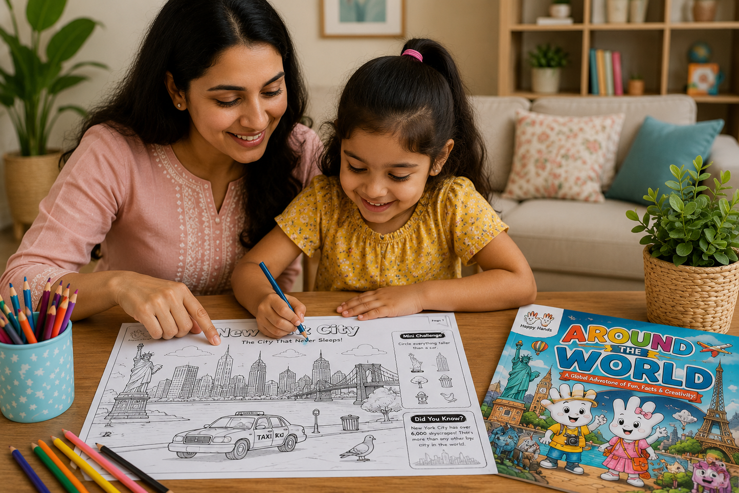 Mother and Child enjoying the Around the World Adventure Pack on a giant A3 colouring page