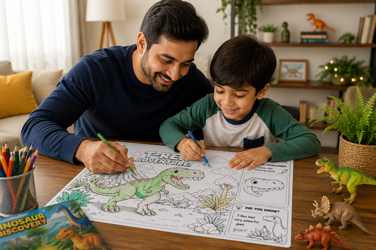 Father and son enjoying the Dinosaur Discovery Adventure Pack on a giant A3 colouring page