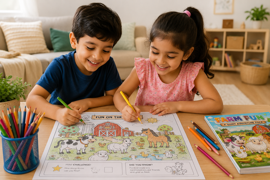 Two children enjoying the Farm Fun Adventure Pack on a giant A3 colouring page