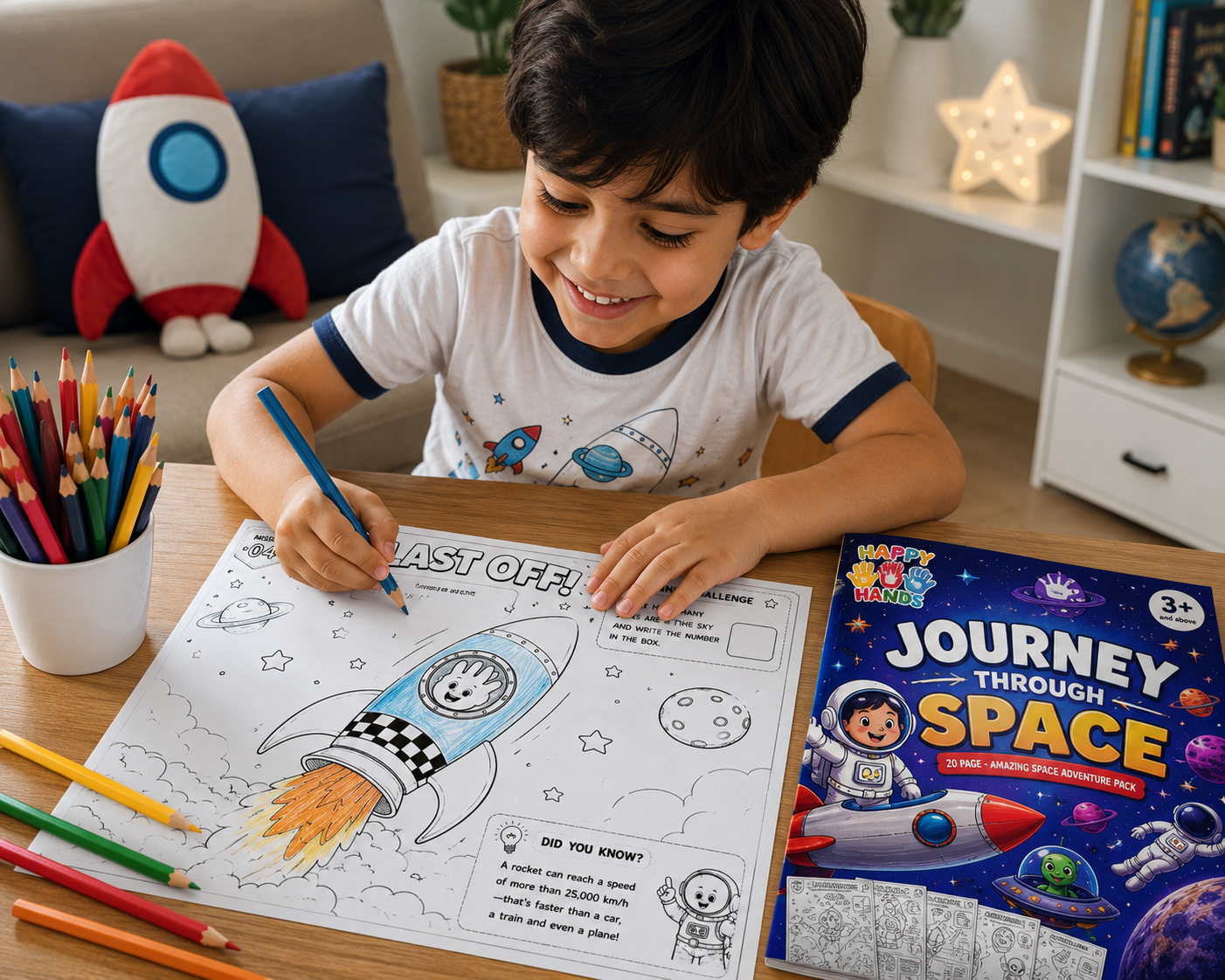 Child enjoying the Journey Through Space Adventure Pack on a giant A3 colouring page