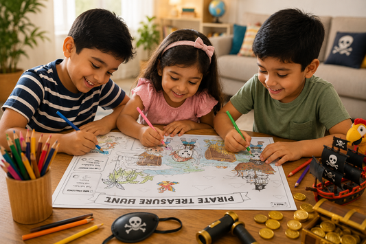 Children enjoying the Pirate Treasure Hunt Adventure Pack on a giant A3 colouring page