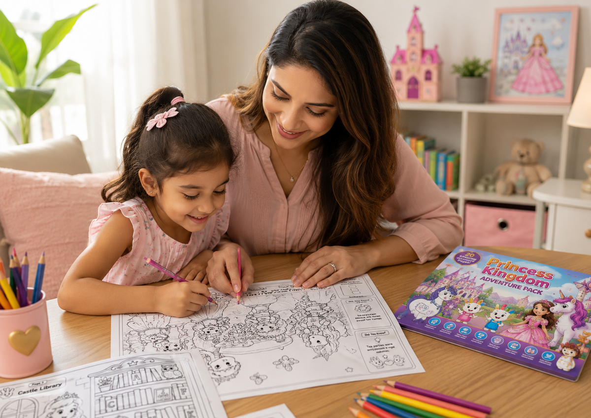 Mother and daughter enjoying the Princess Kingdom Adventure Pack on a giant A3 colouring page