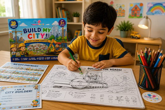 Child enjoying the Build My City Adventure Pack on a giant A3 colouring page